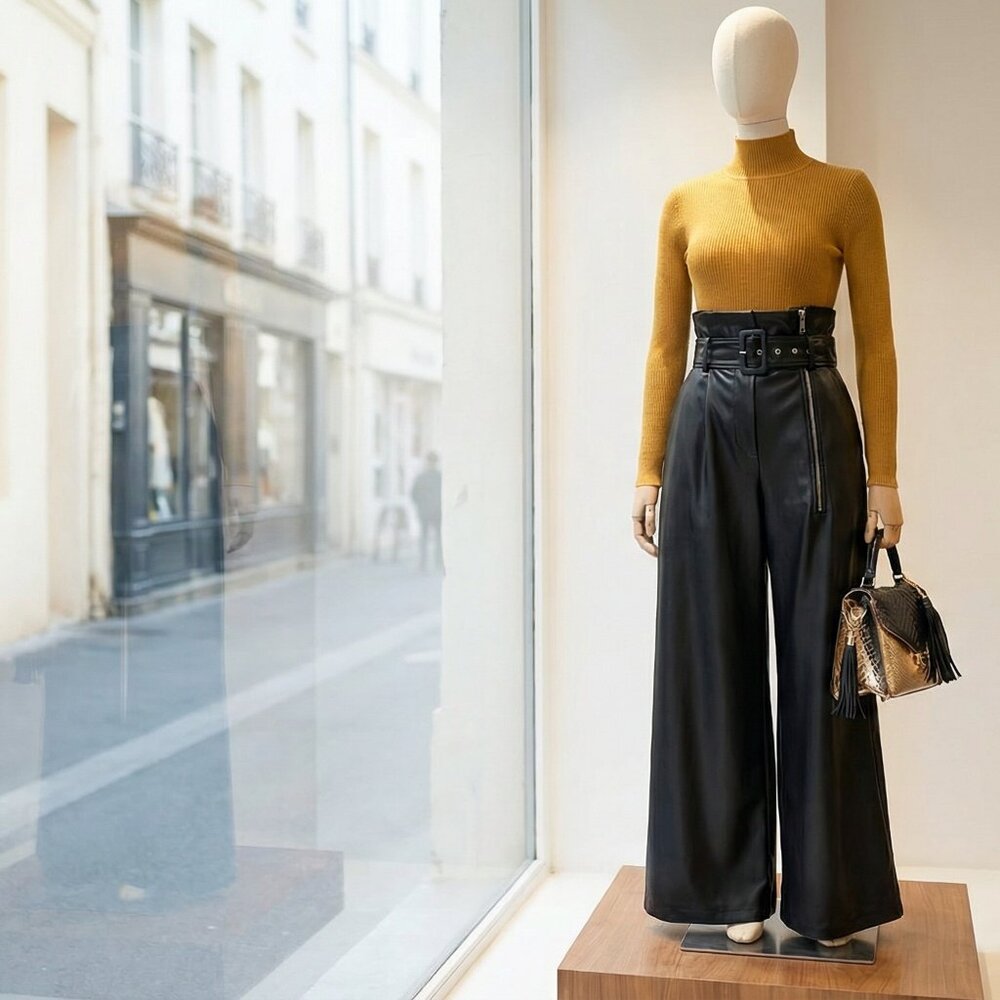 Black High-Waist Faux Leather Wide-Leg Pleated Pants - Picture 6 of 8
